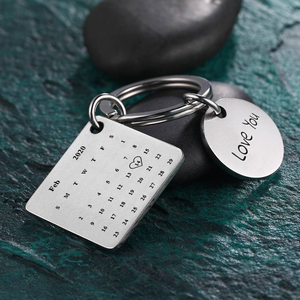 Custom Photo Engraved Calendar Silver Keyring Key Chain | Best Anniversary Gift