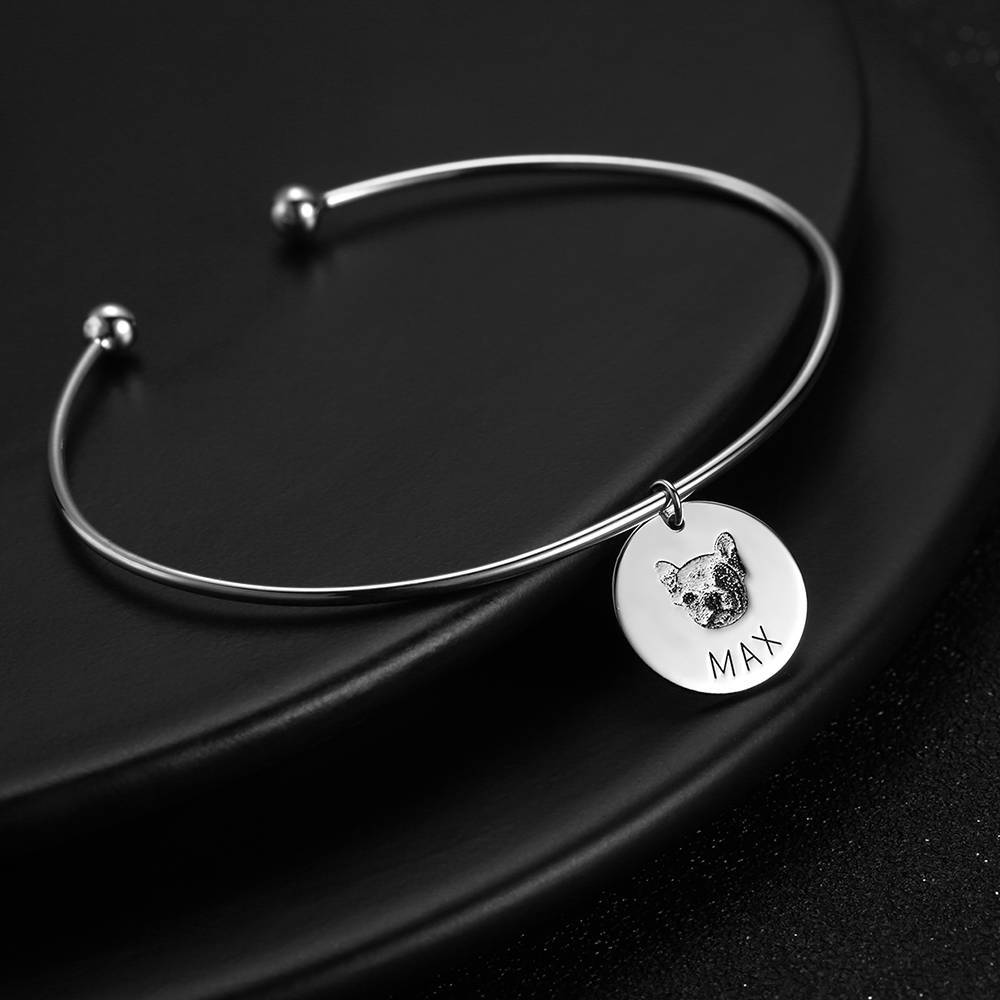 Photo Portrait Bangle with Engraving Round Shape, Custom Portrait Jewellery Platinum Plated - Silver