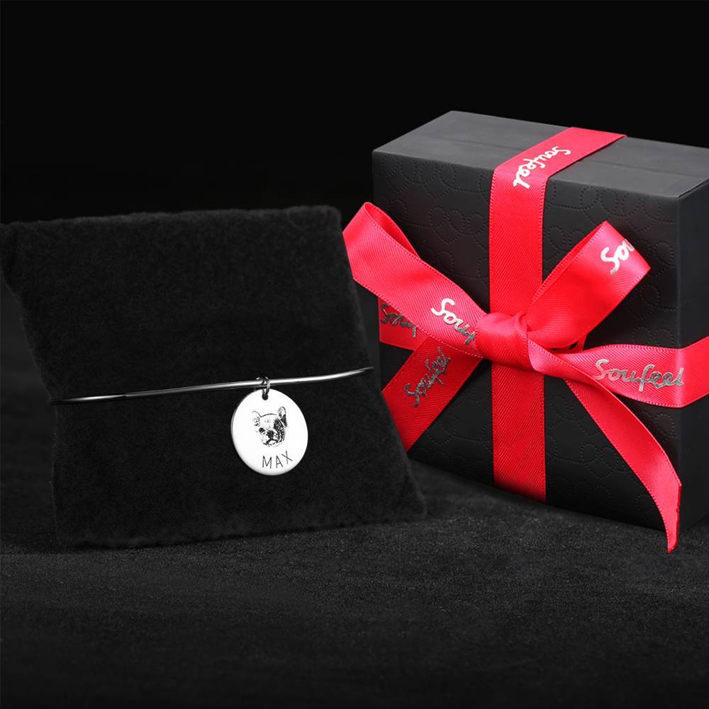 Photo Portrait Bangle with Engraving Round Shape, Custom Portrait Jewellery Platinum Plated - Silver