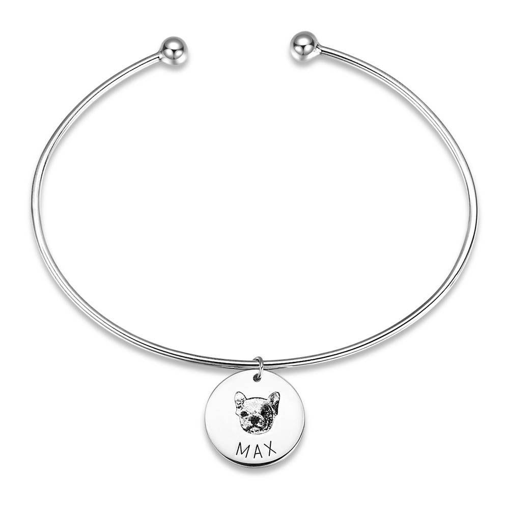 Photo Portrait Bangle with Engraving Round Shape, Custom Portrait Jewellery 14K Gold Plated - Golden