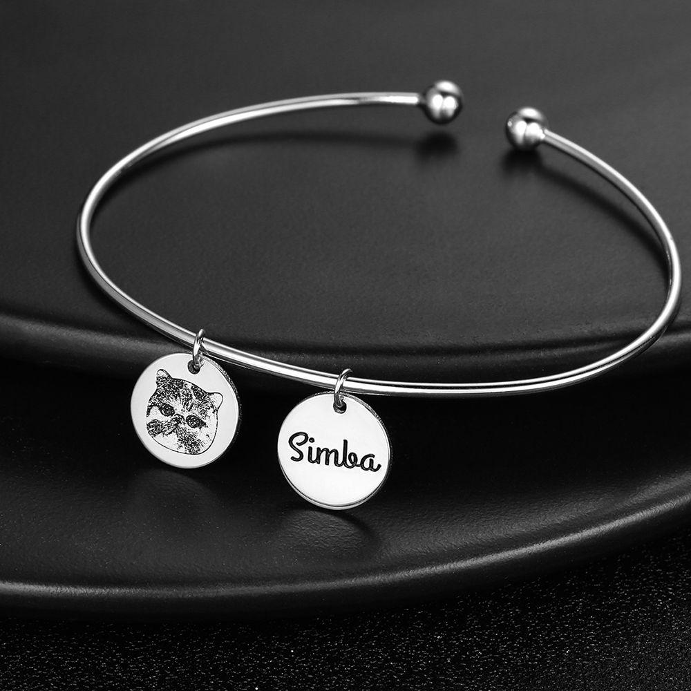 Photo Engraved Bracelet, Personalized Pet Portrait Bracelet Platinum Plated - Silver