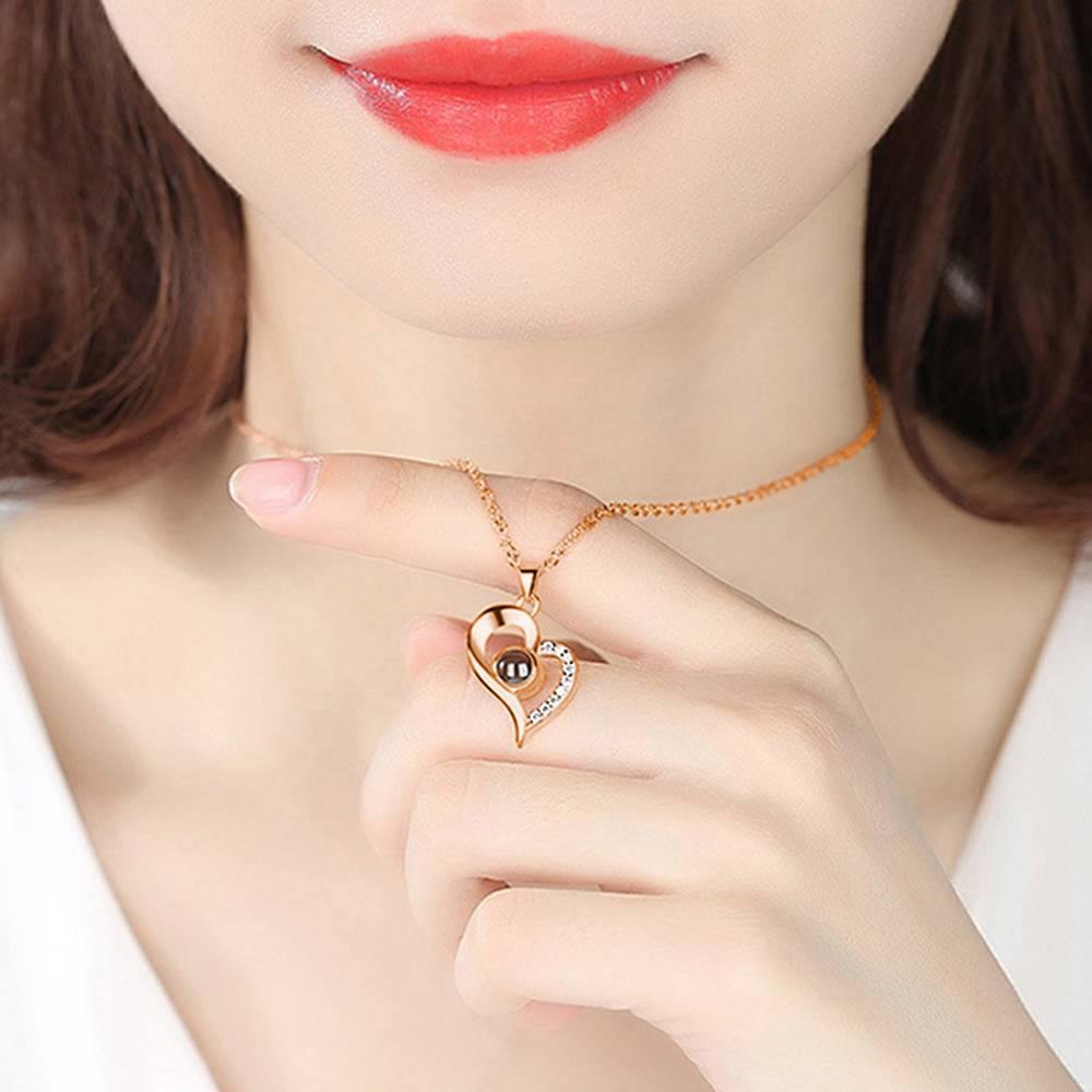 I Love You Necklace in 100 Languages Projection Photo Necklace Love Your Heart Silver - Rose Gold Plated