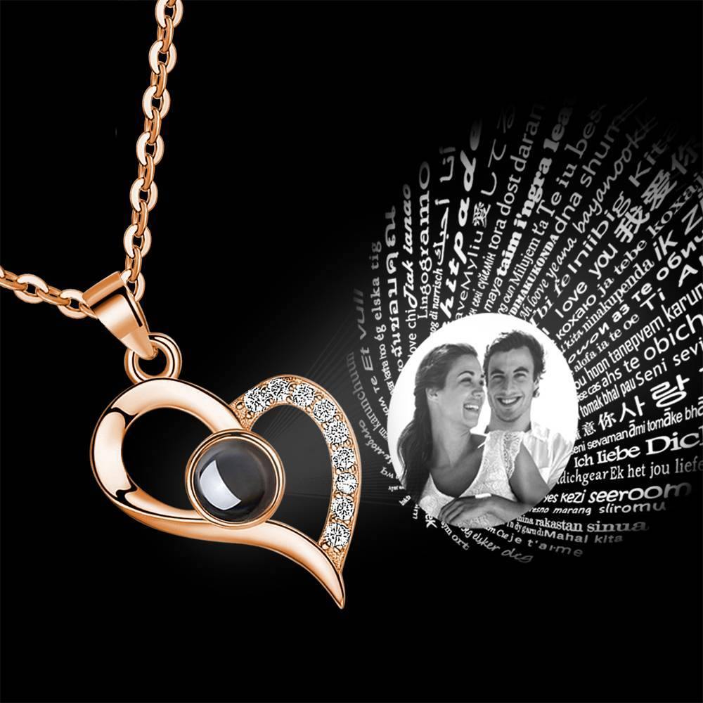 I Love You Necklace in 100 Languages Projection Photo Necklace Love Your Heart Silver - Rose Gold Plated