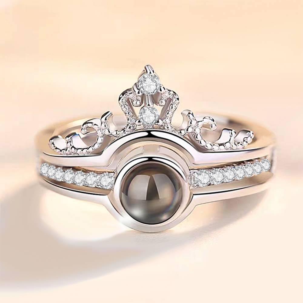 I Love You Ring in 100 Languages Projection Photo Engraved Crown Ring, Romantic Gift Two in One Silver