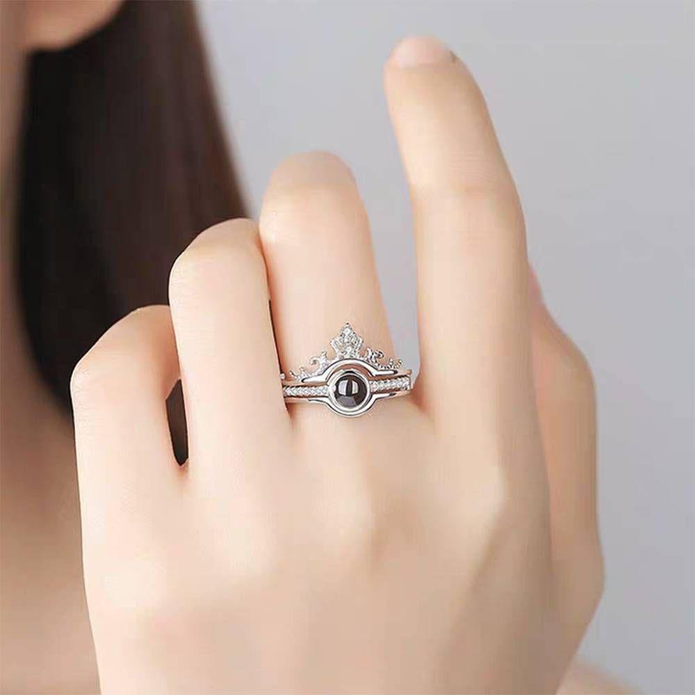 I Love You Ring in 100 Languages Projection Engraved Crown Ring, Romantic Gift Couples Two in One Silver