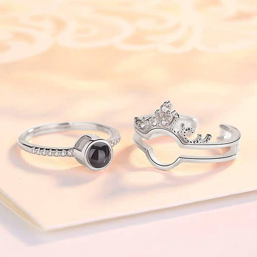 I Love You Ring in 100 Languages Projection Photo Engraved Crown Ring, Romantic Gift Two in One Silver