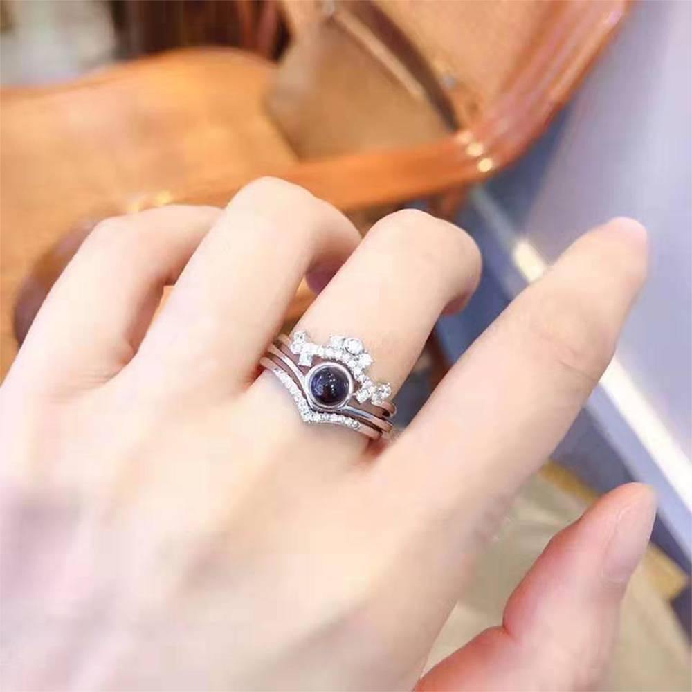 I Love You Ring in 100 Languages Projection Photo Engraved Ring, Three in One Crown Ring Silver