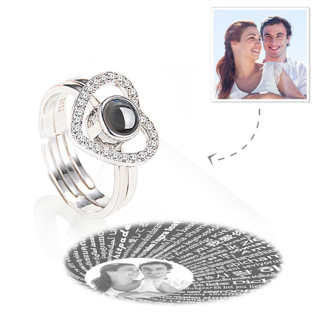 I Love You Ring Projection Photo Engraved Ring in 100 Languages, Two in One Heart-shaped Silver