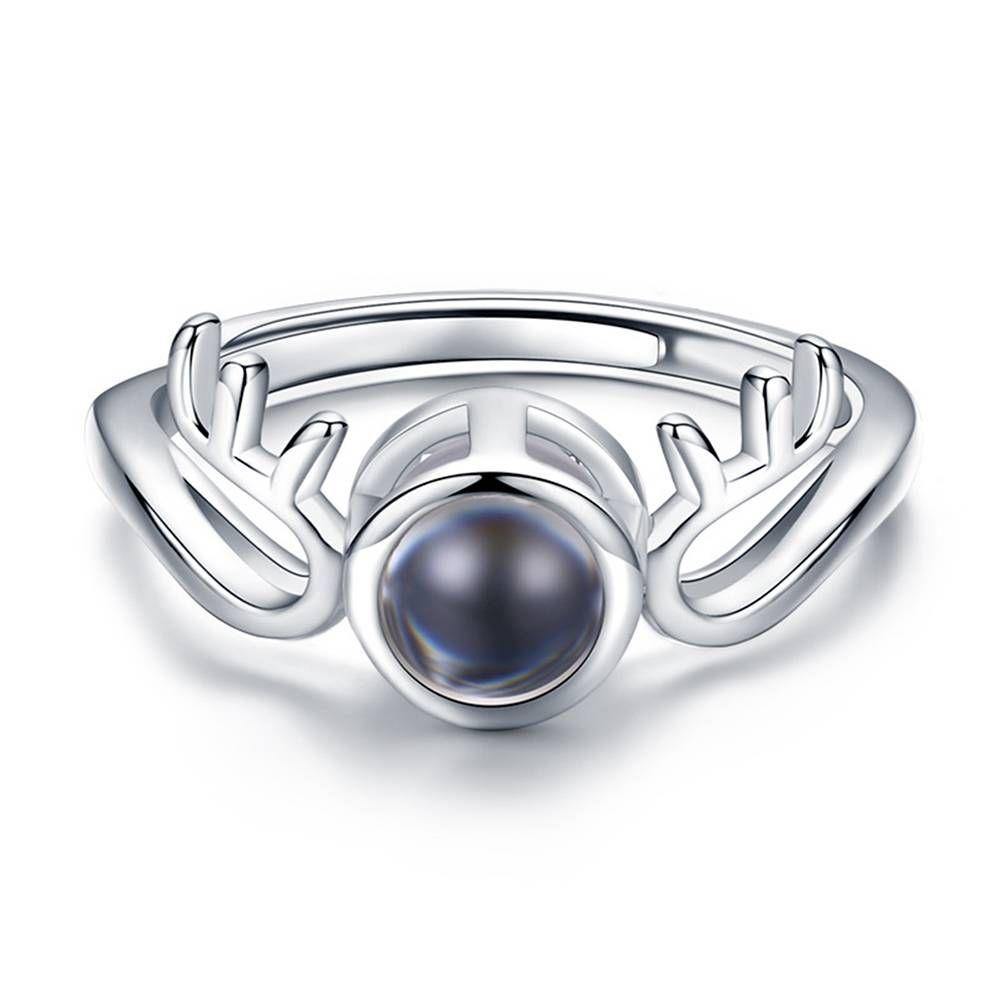 I Love You Ring Projection Photo Engraved Ring in 100 Languages, Antlers Ring Silver