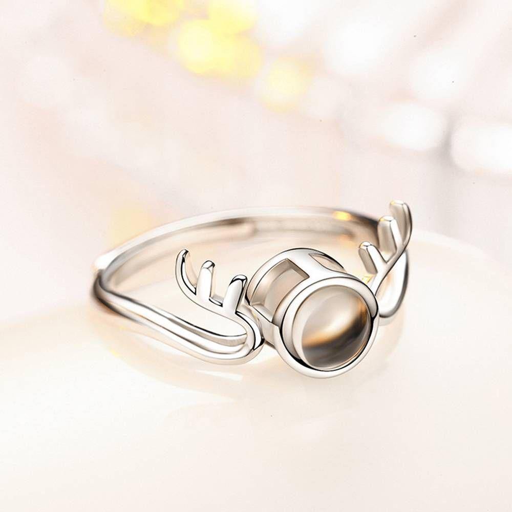 I Love You Ring Projection Photo Engraved Ring in 100 Languages, Antlers Ring Silver