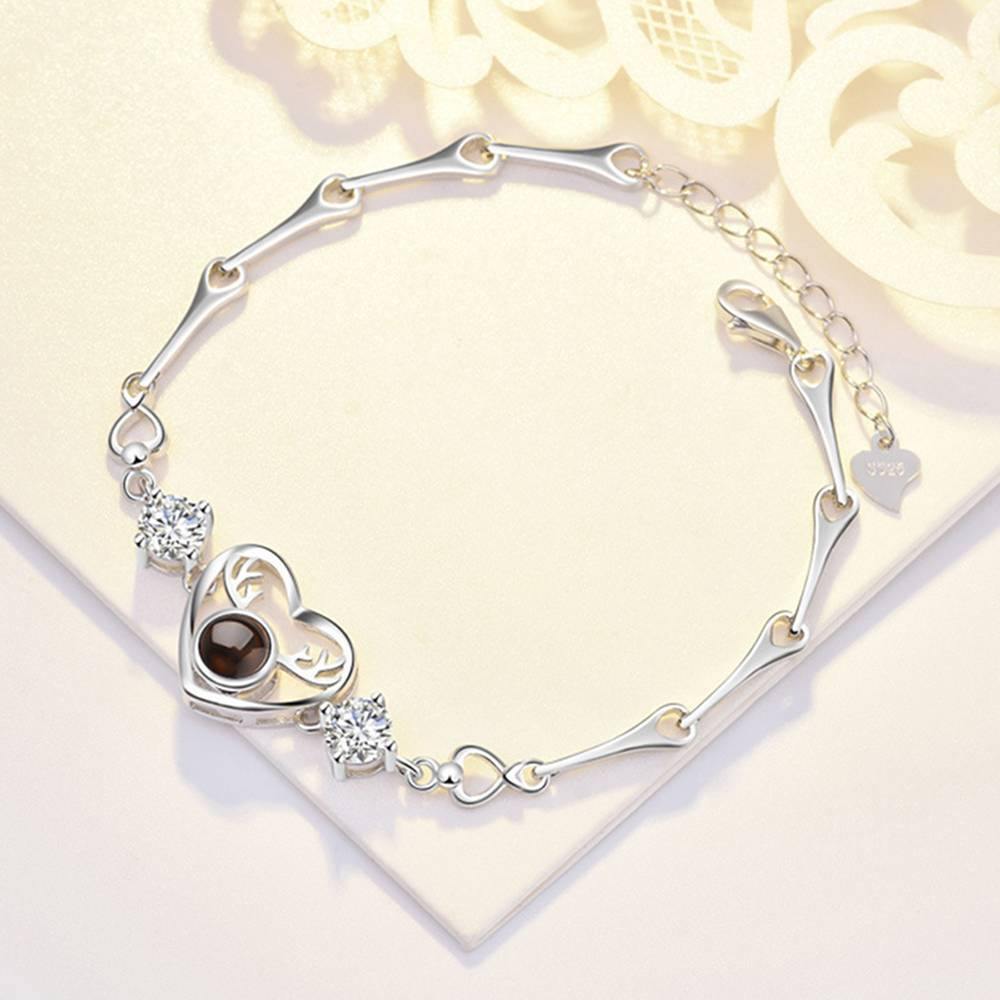 I Love You Bracelet in 100 Languages Projection Engraved Bracelet Heart with Antlers Silver