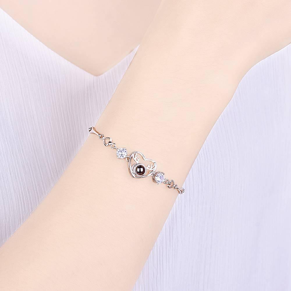 I Love You Bracelet in 100 Languages Projection Engraved Bracelet Heart with Antlers Silver