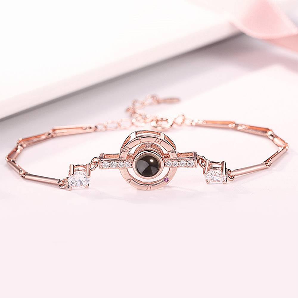 I Love You Bracelet in 100 Languages Projection Photo Engraved Bracelet Round-shaped Rose Gold Plated - Silver