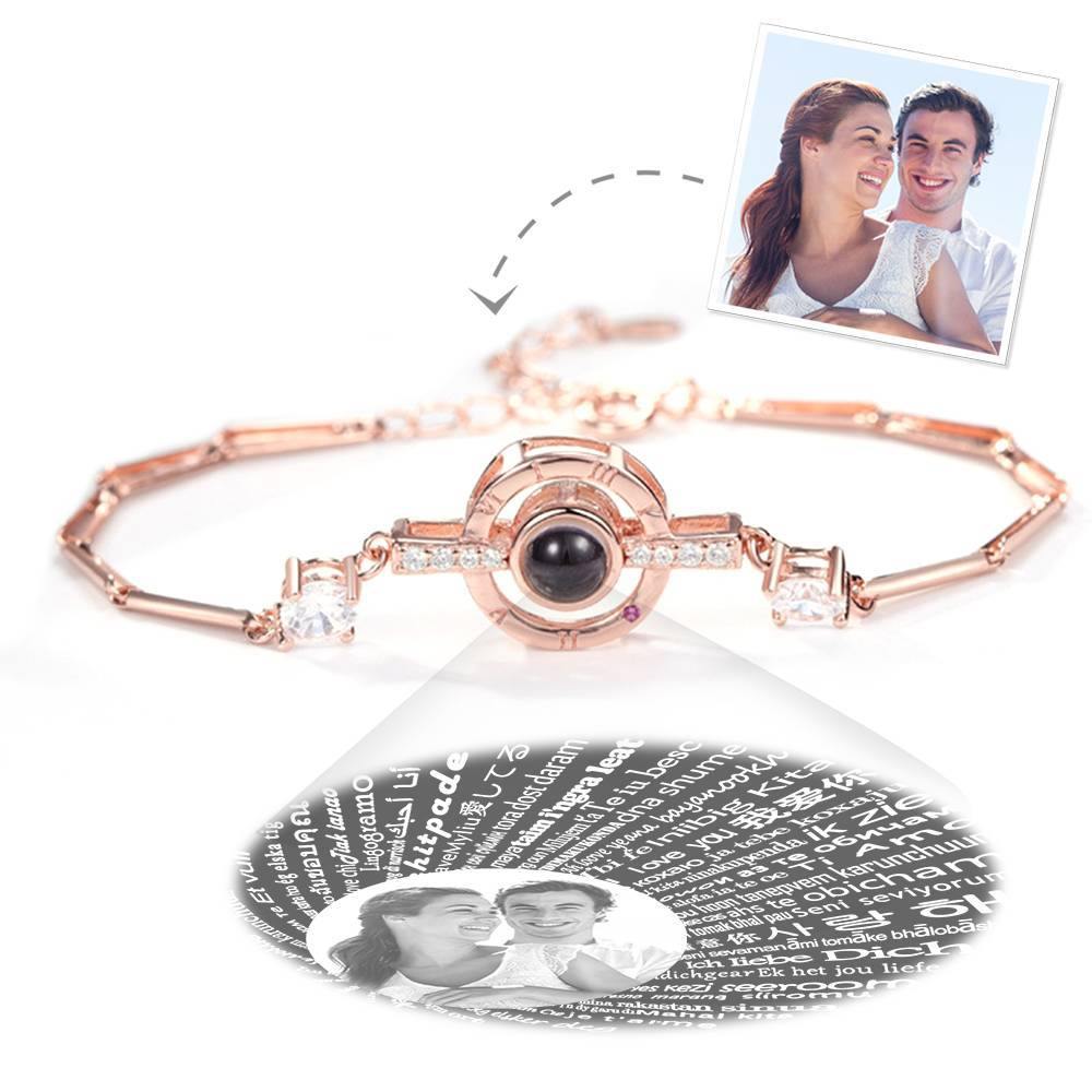 I Love You Bracelet in 100 Languages Projection Photo Engraved Bracelet Round-shaped Rose Gold Plated - Silver