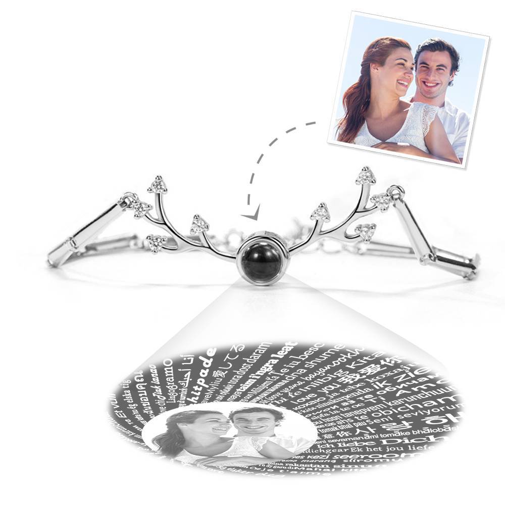 I Love You Bracelet in 100 Languages Projection Photo Engraved Bracelet Antlers Silver