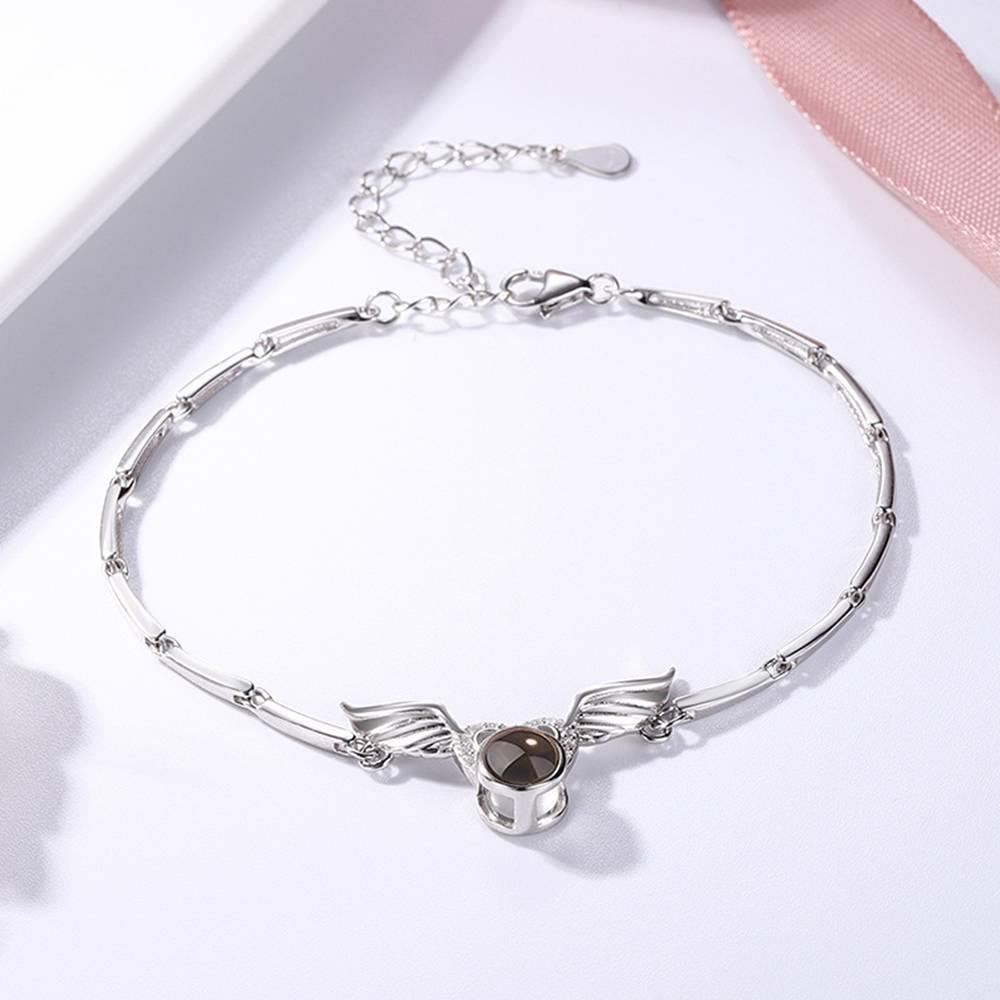I Love You Bracelet in 100 Languages Projection Photo Engraved Bracelet Angel Wings Silver