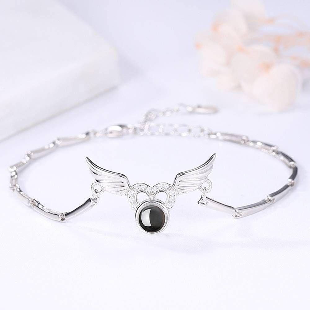 I Love You Bracelet in 100 Languages Projection Engraved Bracelet Angel Wings Silver
