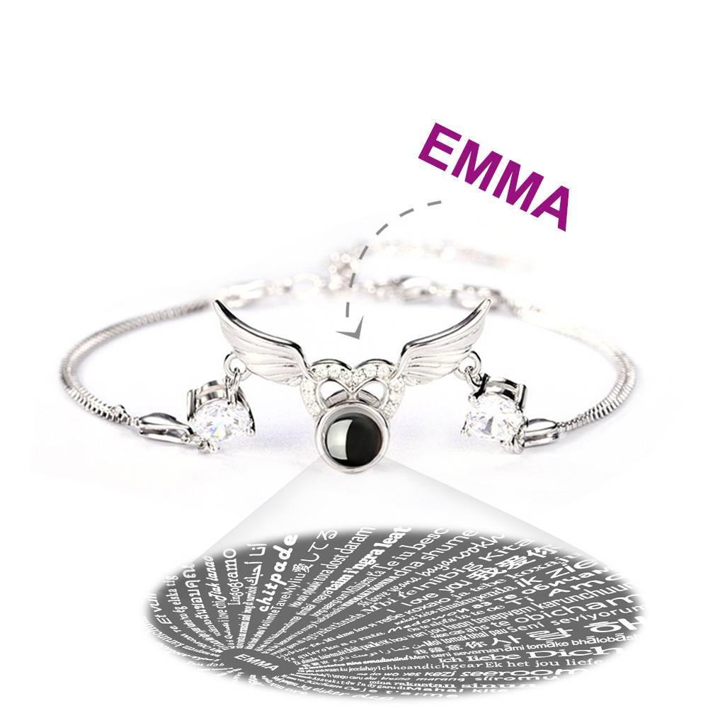 I Love You Bracelet in 100 Languages Projection Engraved Bracelet Angel Wings Silver