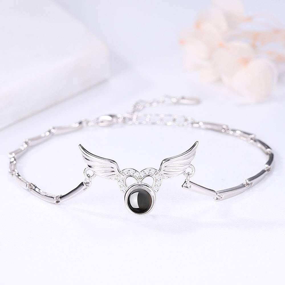 I Love You Bracelet in 100 Languages Projection Photo Engraved Bracelet Angel Wings Silver