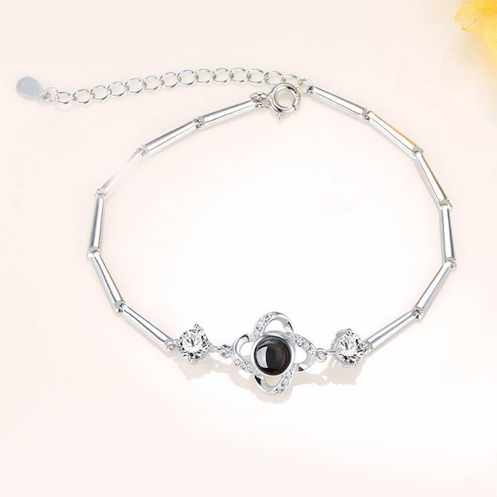 I Love You Bracelet in 100 Languages Projection Photo Engraved Bracelet Four-leaf Clover Silver