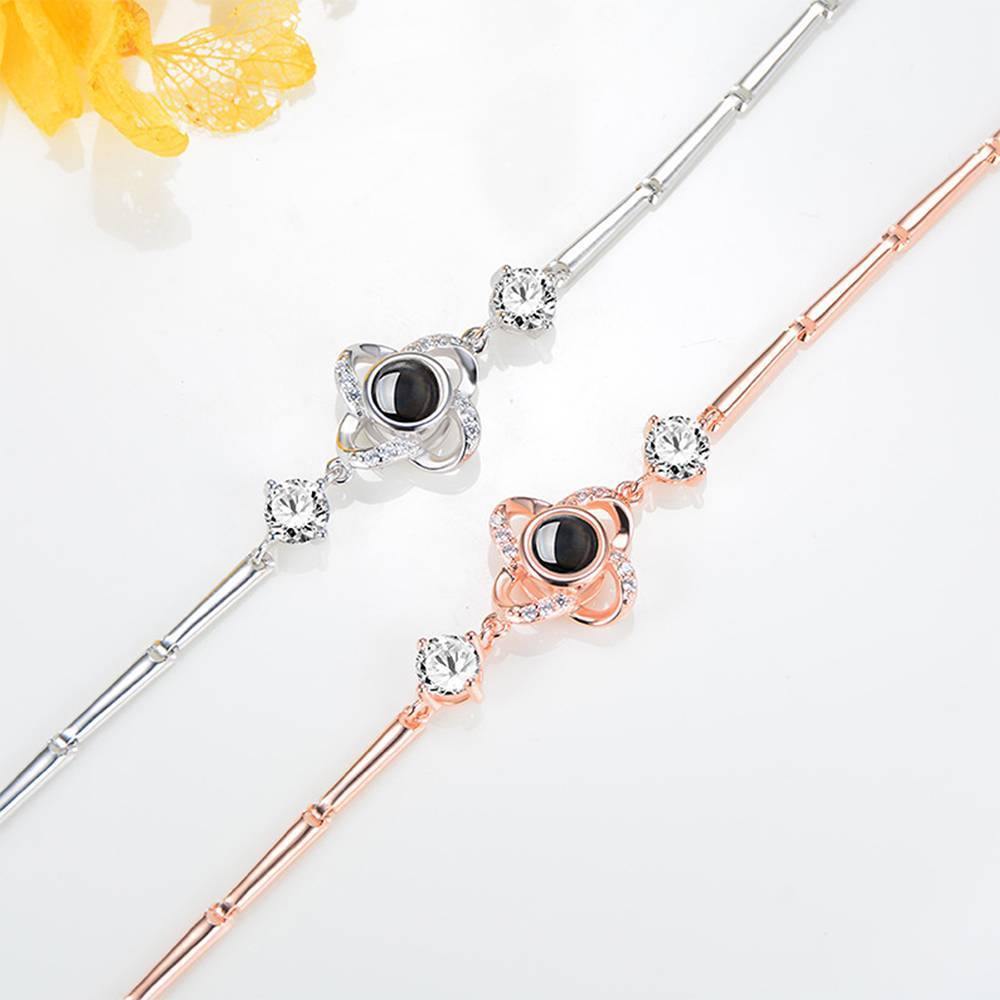 I Love You Bracelet in 100 Languages Projection Photo Engraved Bracelet Four-leaf Clover Rose Gold Plated - Silver