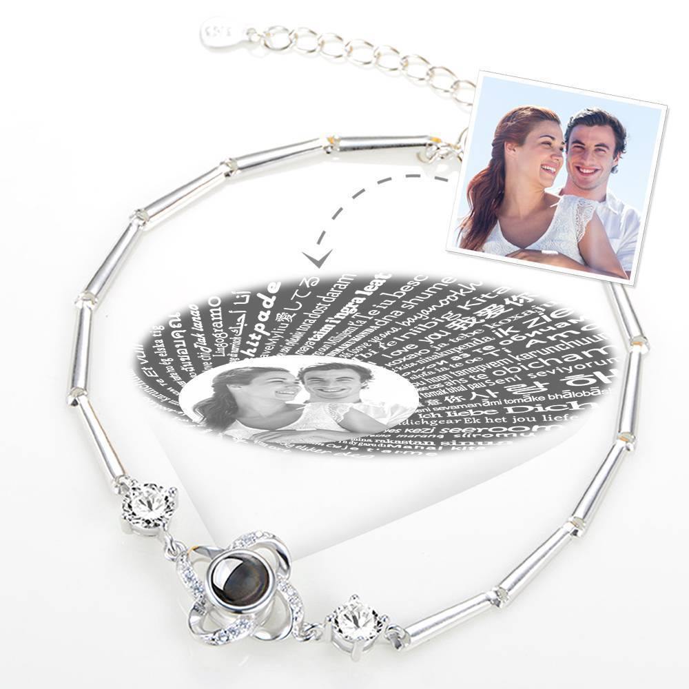 I Love You Bracelet in 100 Languages Projection Photo Engraved Bracelet Four-leaf Clover Silver