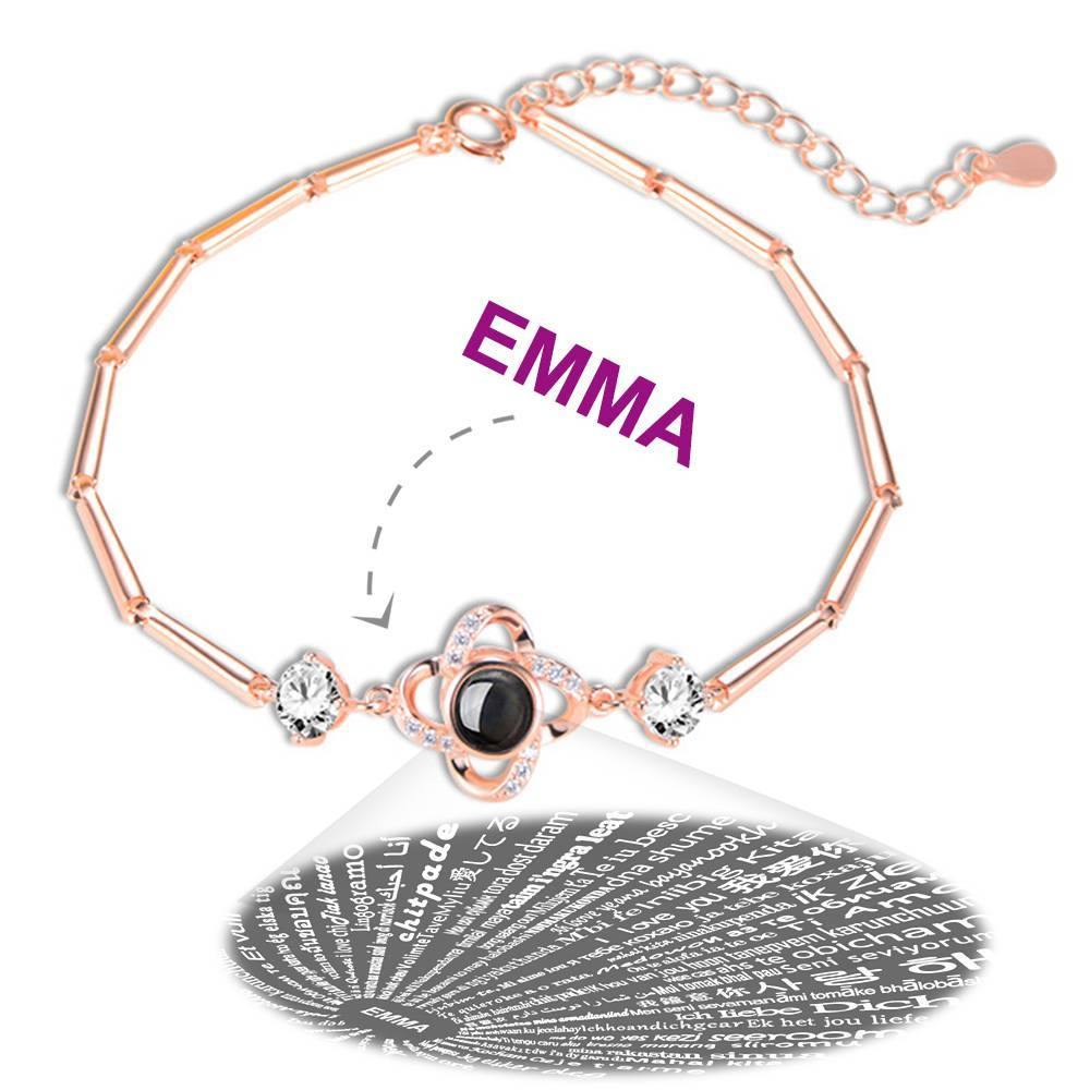 I Love You Bracelet in 100 Languages Projection Engraved Bracelet Four-leaf Clover Rose Gold Plated - Silver