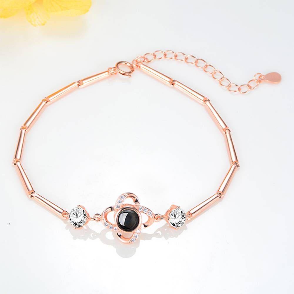 I Love You Bracelet in 100 Languages Projection Engraved Bracelet Four-leaf Clover Rose Gold Plated - Silver