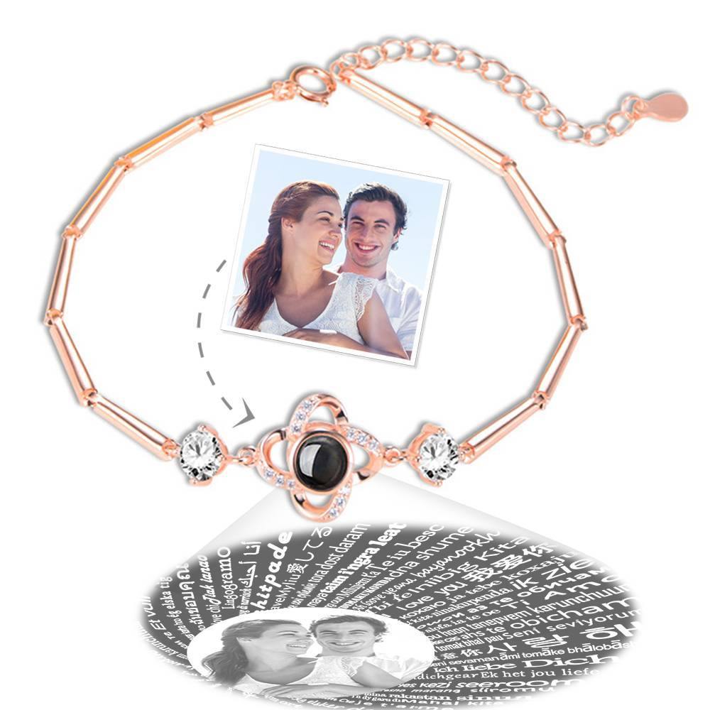 I Love You Bracelet in 100 Languages Projection Photo Engraved Bracelet Four-leaf Clover Silver