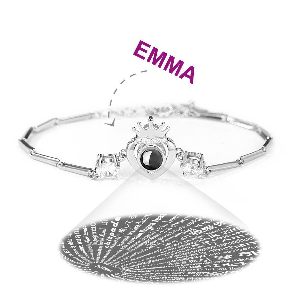 I Love You Bracelet in 100 Languages Projection Engraved Bracelet Crown with Heart Silver