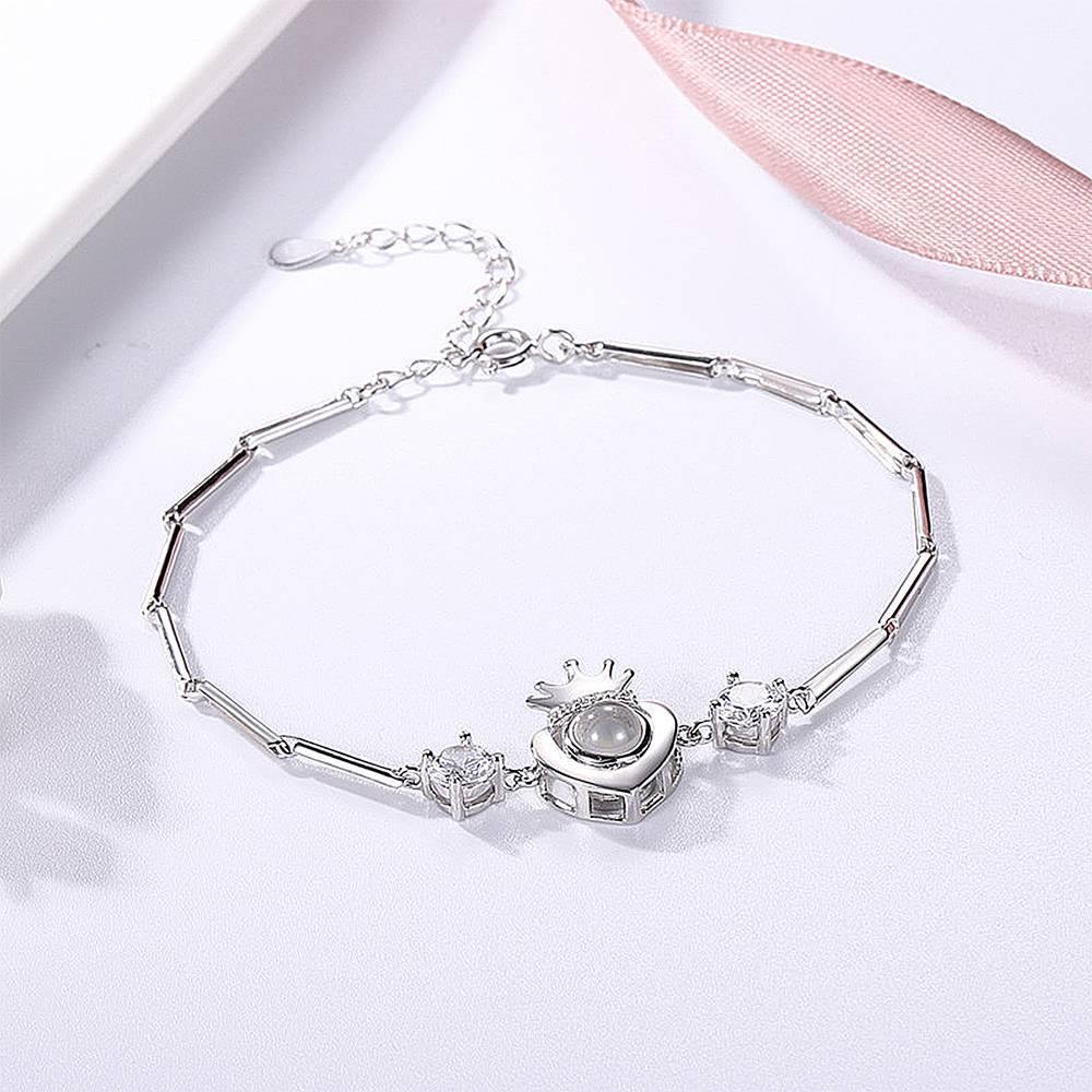 I Love You Bracelet in 100 Languages Projection Photo Engraved Bracelet Crown with Heart Silver