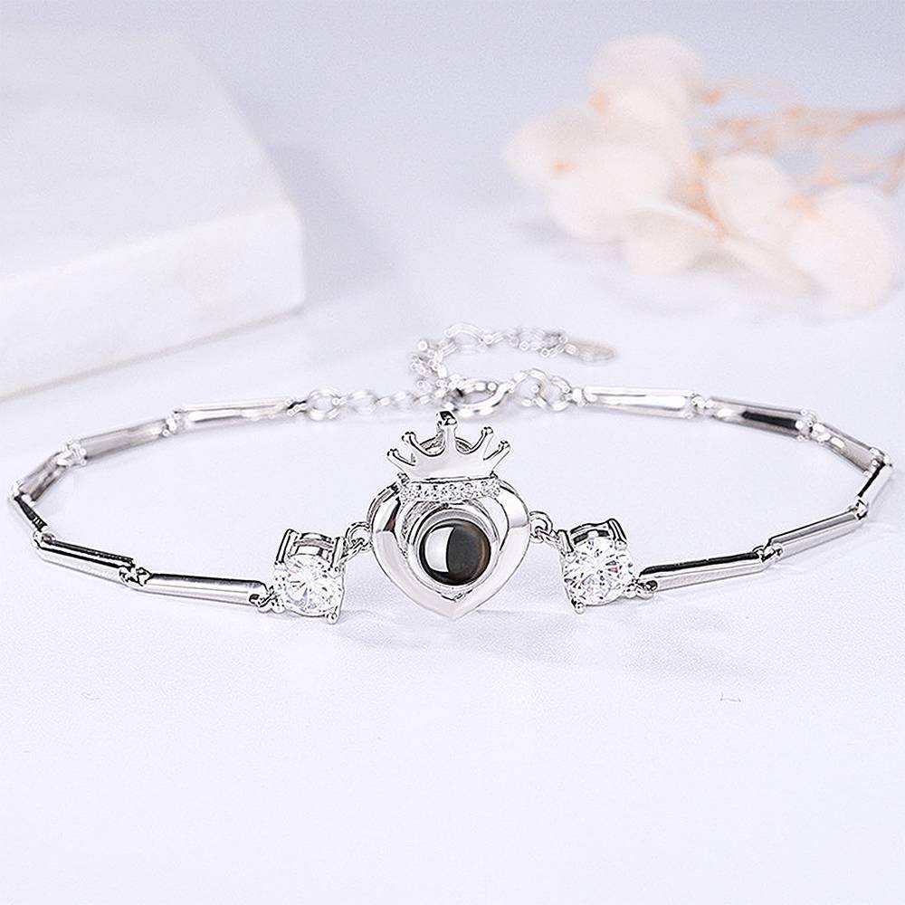 I Love You Bracelet in 100 Languages Projection Photo Engraved Bracelet Crown with Heart Silver