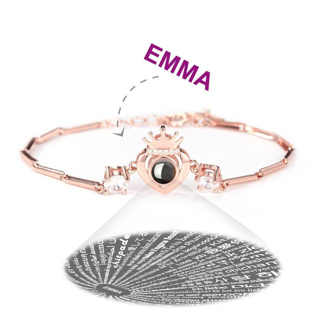 I Love You Bracelet in 100 Languages Projection Engraved Bracelet Crown with Heart Rose Gold Plated - Silver