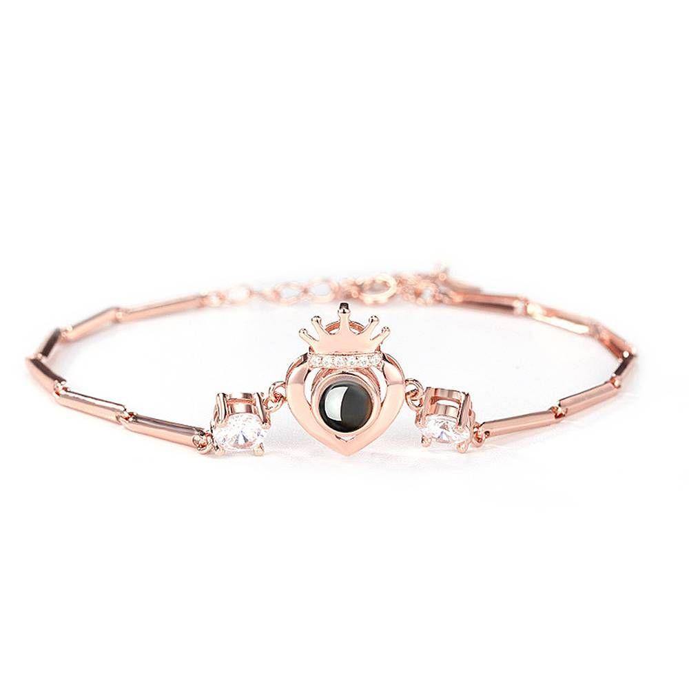 I Love You Bracelet in 100 Languages Projection Photo Engraved Bracelet Crown with Heart Rose Gold Plated - Silver