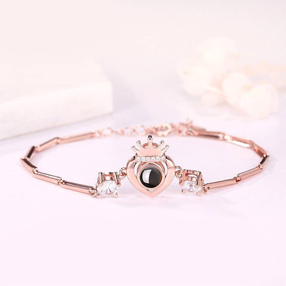 I Love You Bracelet in 100 Languages Projection Engraved Bracelet Crown with Heart Rose Gold Plated - Silver