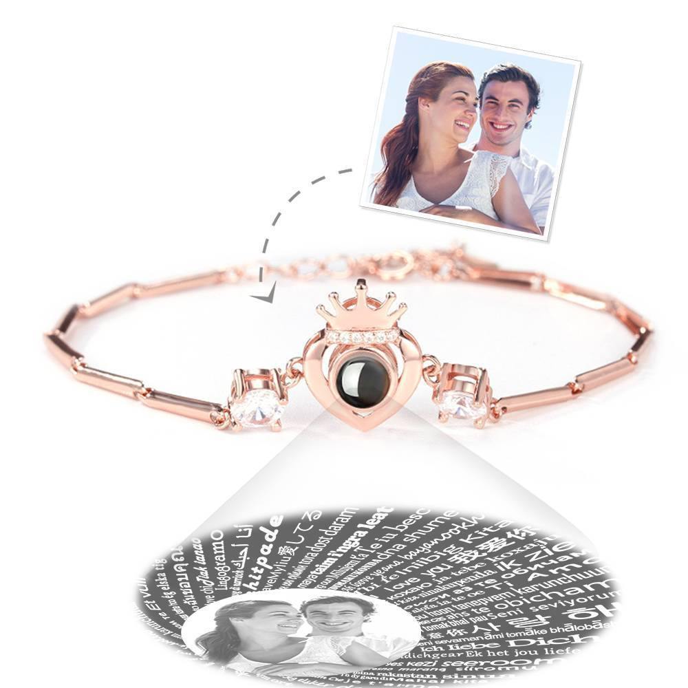 I Love You Bracelet in 100 Languages Projection Photo Engraved Bracelet Crown with Heart Rose Gold Plated - Silver