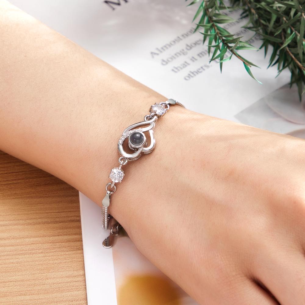 Custom Photo Bracelet Overlapped Hearts Projection Bracelet Gift for Mom Best Mother's Day Gift
