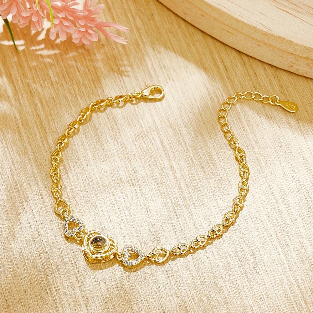 Custom Photo Projection Heart Link Bracelet Personalized Bracelet S925 Silver Picture Bracelet Personalized Photo Memorial Bracelet