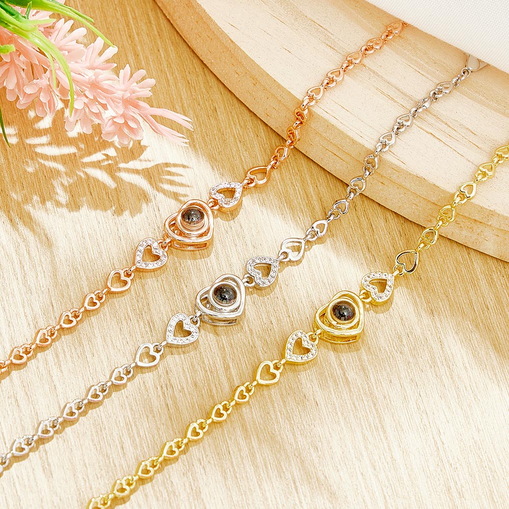 Custom Photo Projection Heart Link Bracelet Personalized Bracelet S925 Silver Picture Bracelet Personalized Photo Memorial Bracelet
