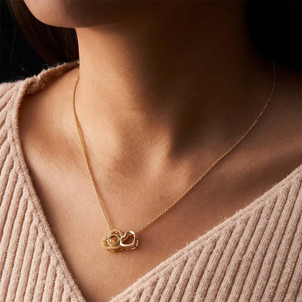Custom Double Heart Photo Projection Necklace Personalized Picture Inside Pendant Memorial Jewelry