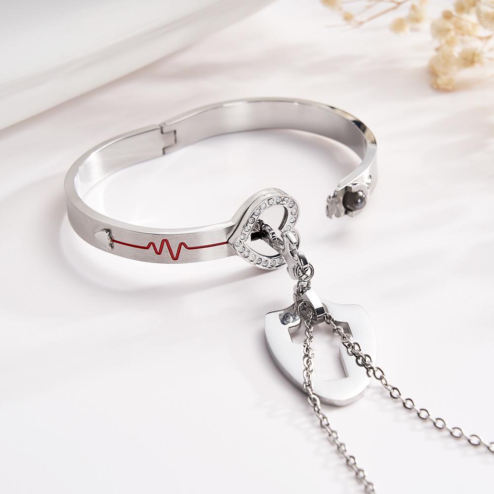 Custom Projection Couple Bracelets & Necklace Shield Key Pendant Necklace and Lock Bracelet You Hold the Key to My Heart Valentine's Day Gift