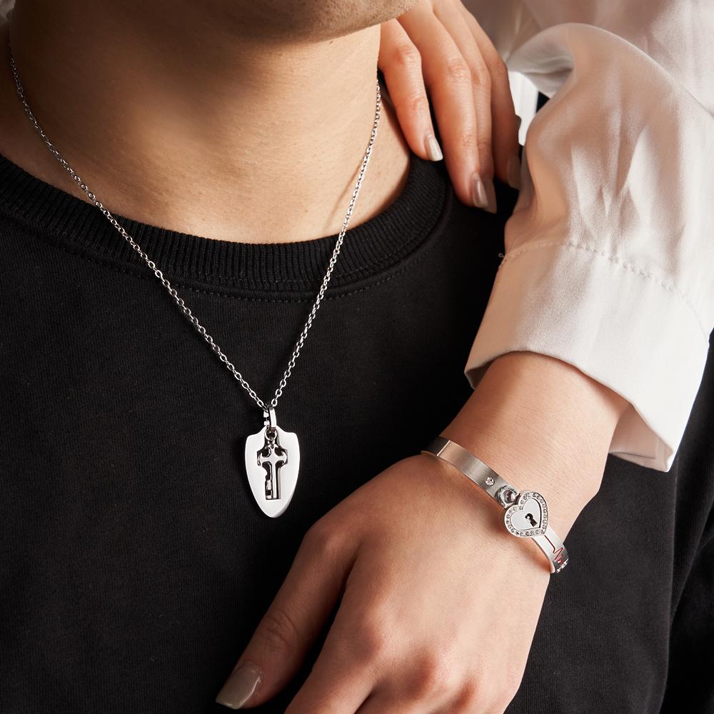 Custom Projection Couple Bracelets & Necklace Shield Key Pendant Necklace and Lock Bracelet You Hold the Key to My Heart Valentine's Day Gift