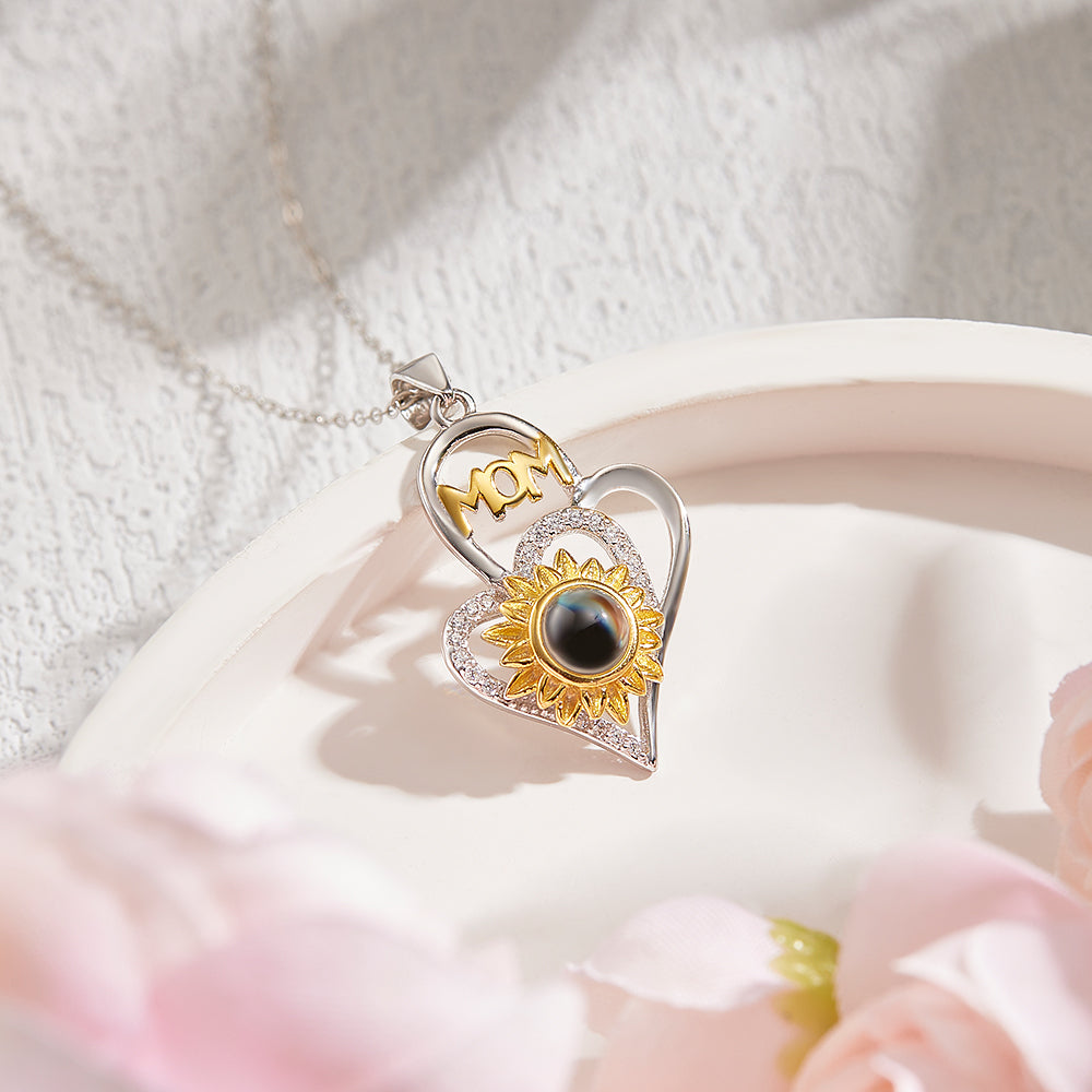 Personalized Photo Projection Necklace with Sunflower Elegant Cross Heart Design Best Mother's Day Gift