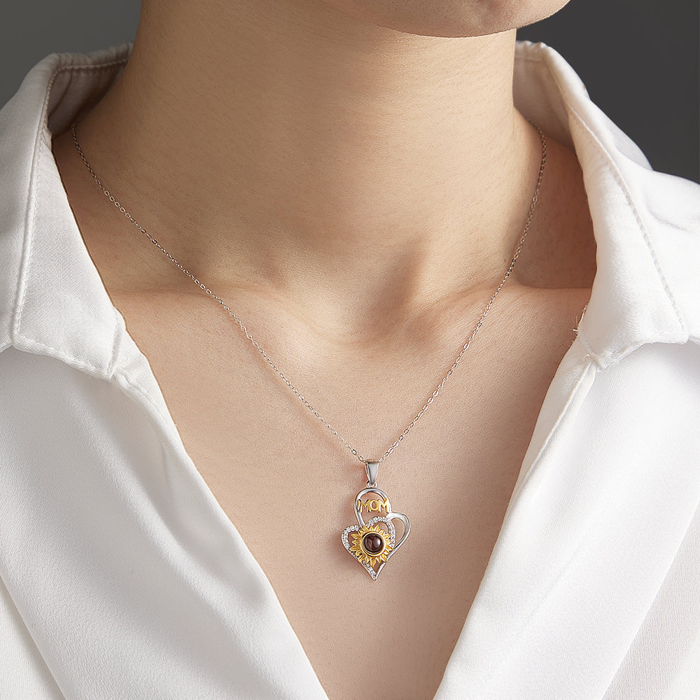 Personalized Photo Projection Necklace with Sunflower Elegant Cross Heart Design Best Mother's Day Gift