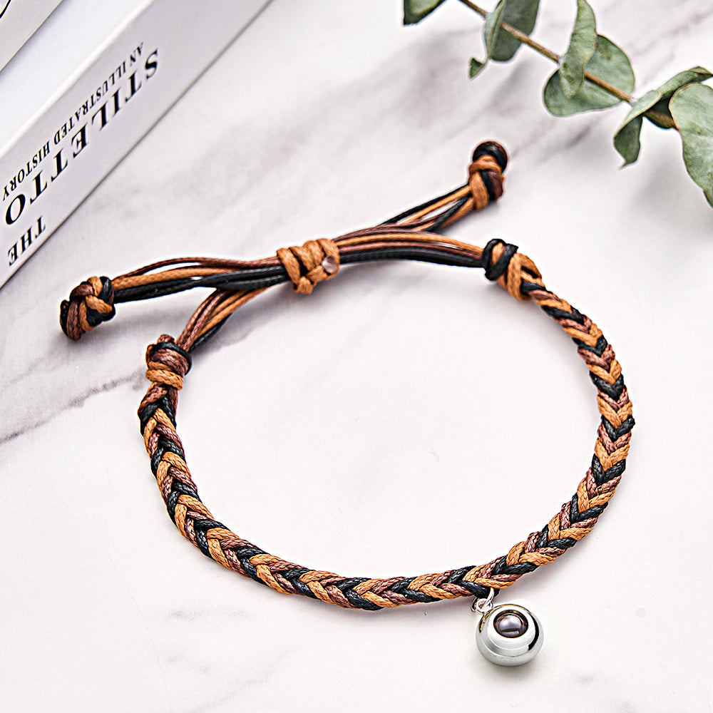 Personalized Projected Picture Bracelet Twist Rope With Round Pendant Warm Christmas Gift For Men