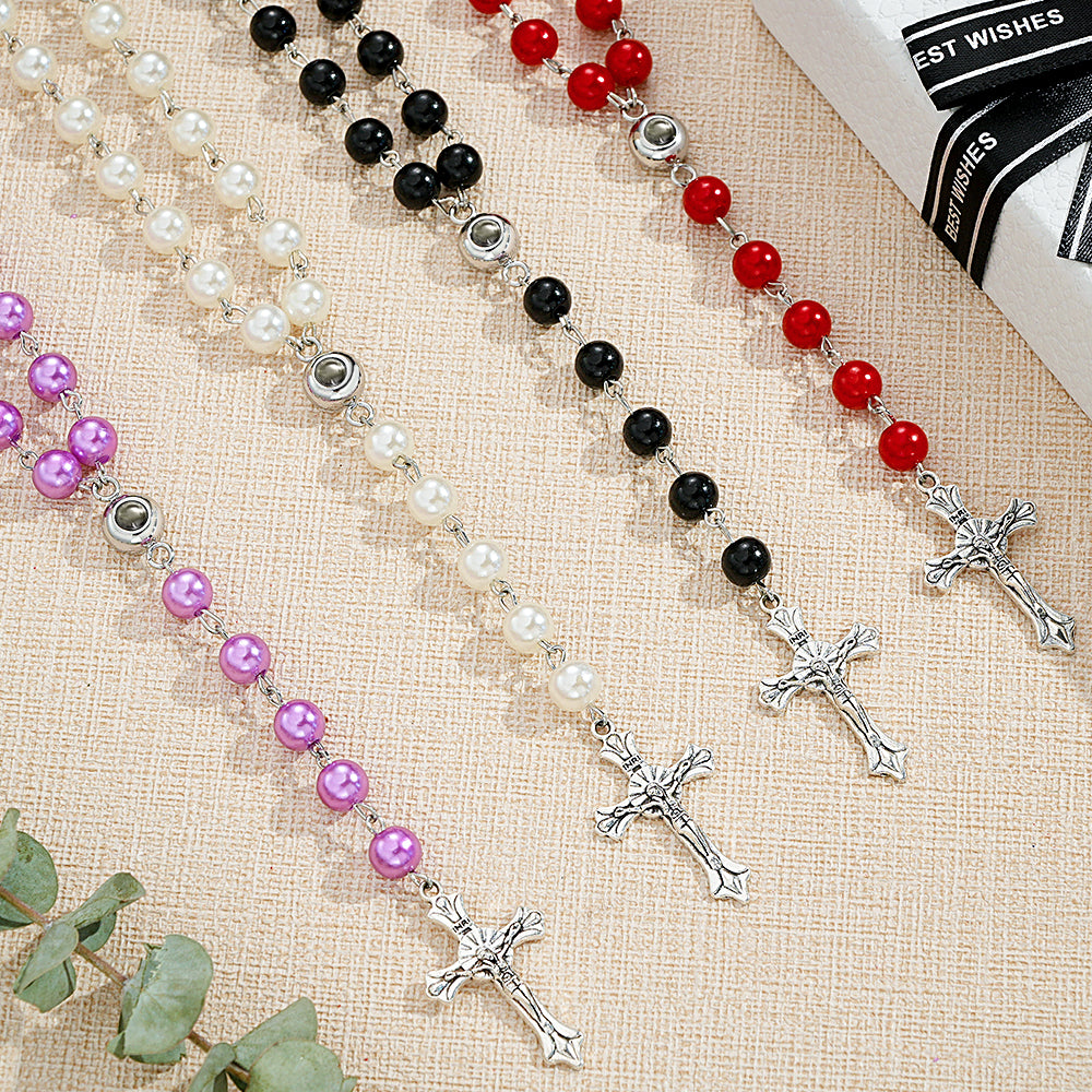 Personalized Photo Projection Multi-Color Rosary Beads Cross Necklace with Photo Memorial Gift for Women