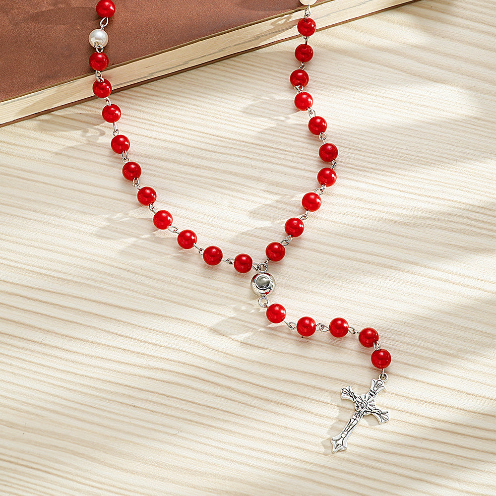 Personalized Photo Projection Multi-Color Rosary Beads Cross Necklace with Photo Memorial Gift for Women