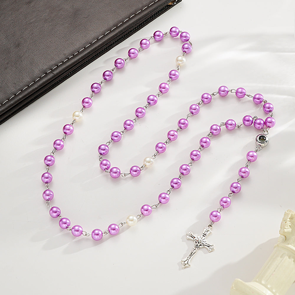 Personalized Photo Projection Multi-Color Rosary Beads Cross Necklace with Photo Memorial Gift for Women