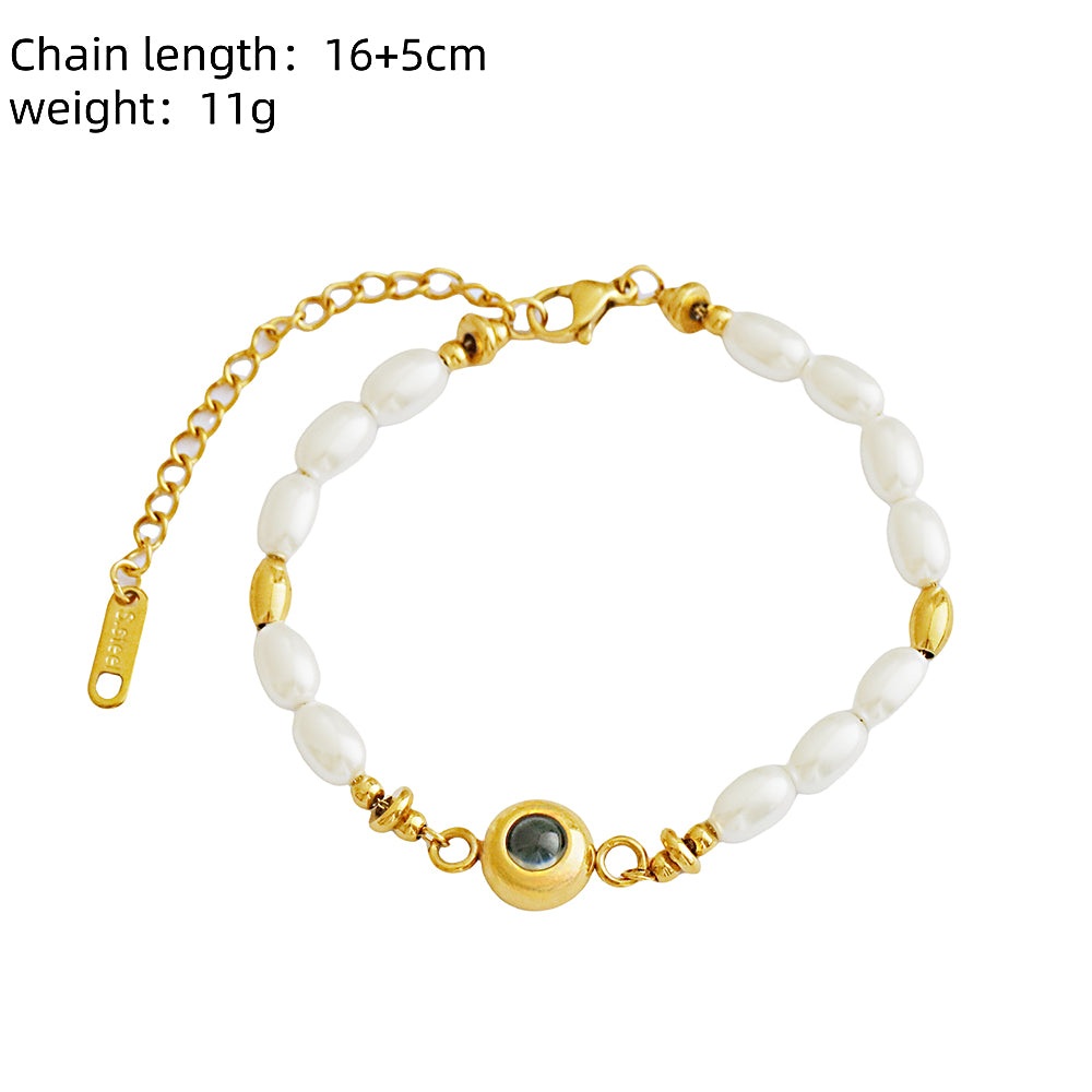 Personalized Photo Projection Circle Vintage Luxury Bracelet 18k Gold Plated Stainless Steel Pearl Bracelet Gift for Her