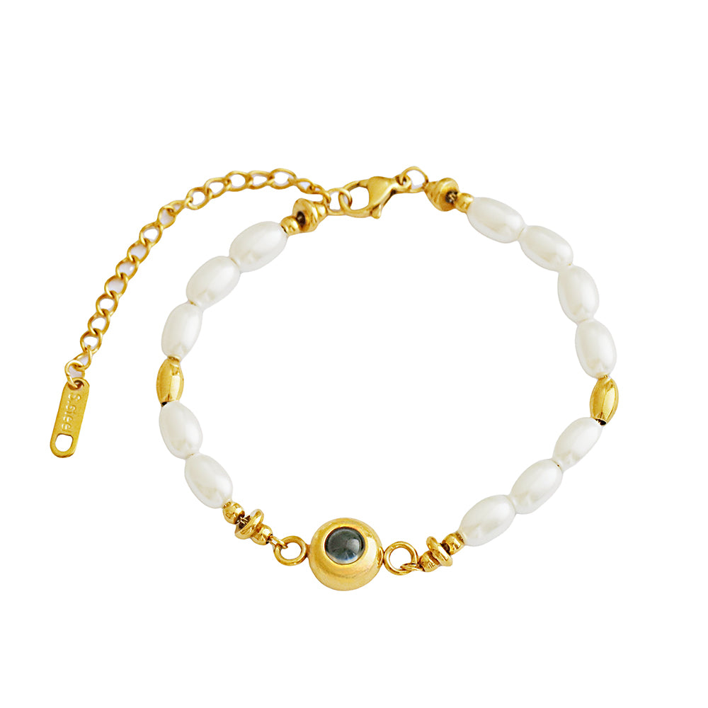 Personalized Photo Projection Circle Vintage Luxury Bracelet 18k Gold Plated Stainless Steel Pearl Bracelet Gift for Her
